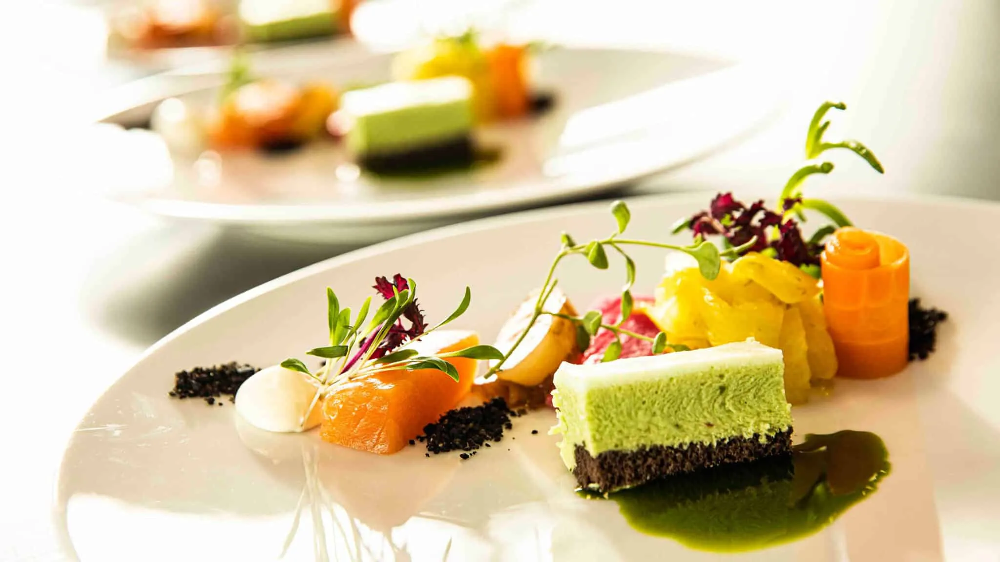 Elegantes Gericht mit grünem Dessert, Lachs, Gemüse und Saucen künstlerisch auf weißem Teller angerichtet.