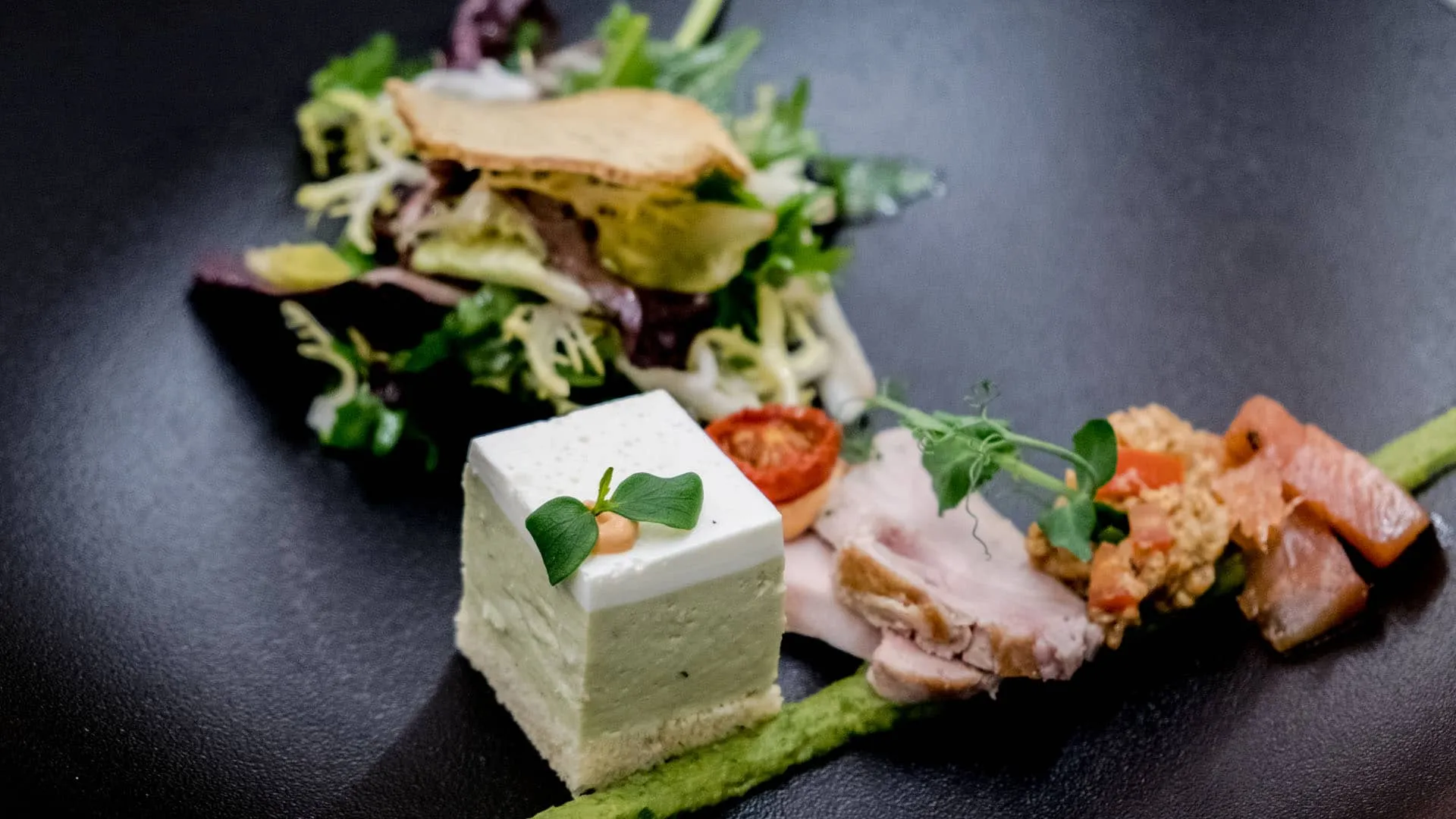 Gourmet-Teller mit Salat, Avocadocreme, Terrine-Würfel und geräuchertem Lachs auf schwarzem Hintergrund.