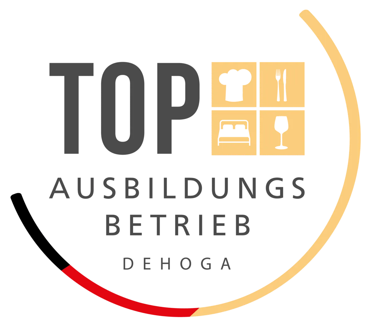 DEHOGA-Logo Top Ausbildungsbetrieb mit Symbolen für Gastronomie und Hotellerie. Halbkreis in Schwarz-Rot-Gold unten.