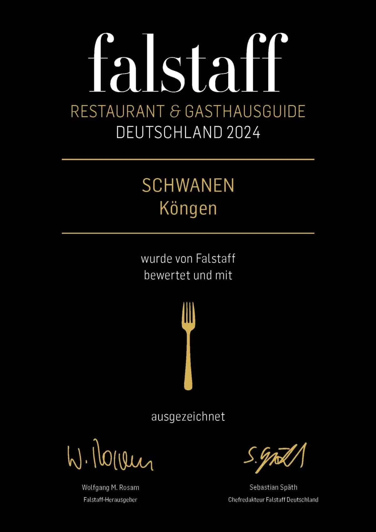 Auszeichnung für Restaurant Schwanen in Köngen im Falstaff Restaurant- und Gasthausguide Deutschland 2024.