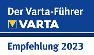 Varta-Führer Logo mit Text Empfehlung 2023 auf blauem Hintergrund.