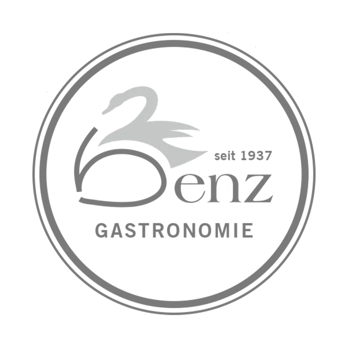Logo von Benz Gastronomie, zeigt einen stilisierten Schwan, Text seit 1937 und Gastronomie in einem Kreis.