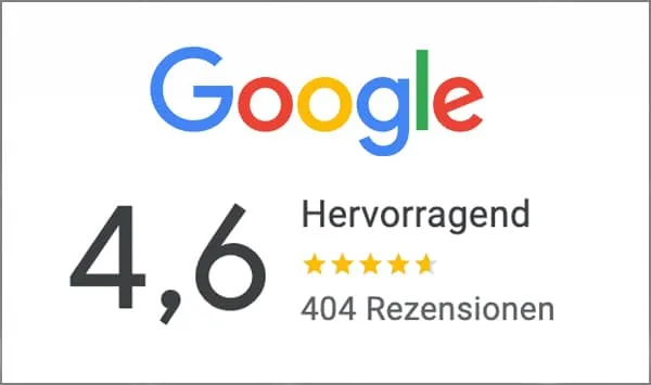 Google-Bewertung: 4,6 von 5 Sternen, als Hervorragend eingestuft, basierend auf 404 Rezensionen.