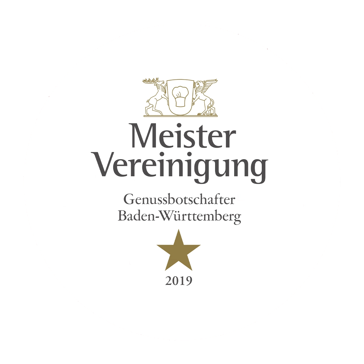 Logo der Meistervereinigung Baden-Württemberg mit goldenem Stern und Schriftzug Genussbotschafter Baden-Württemberg 2019.
