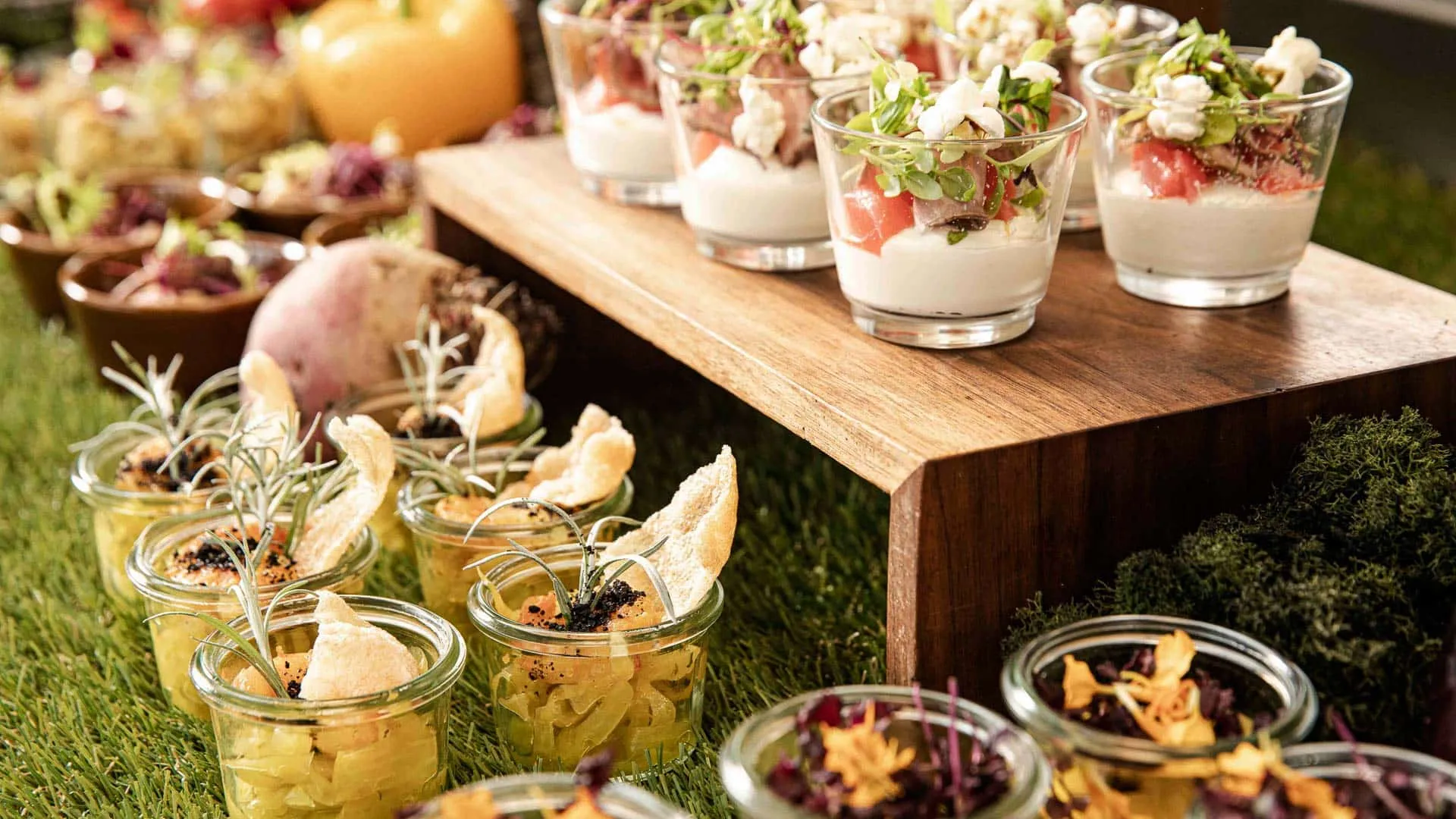 Verschiedene Gläser mit Vorspeisen wie Salat und Dessert auf Holzregal, dekoriert mit Kräutern, auf Rasen präsentiert.