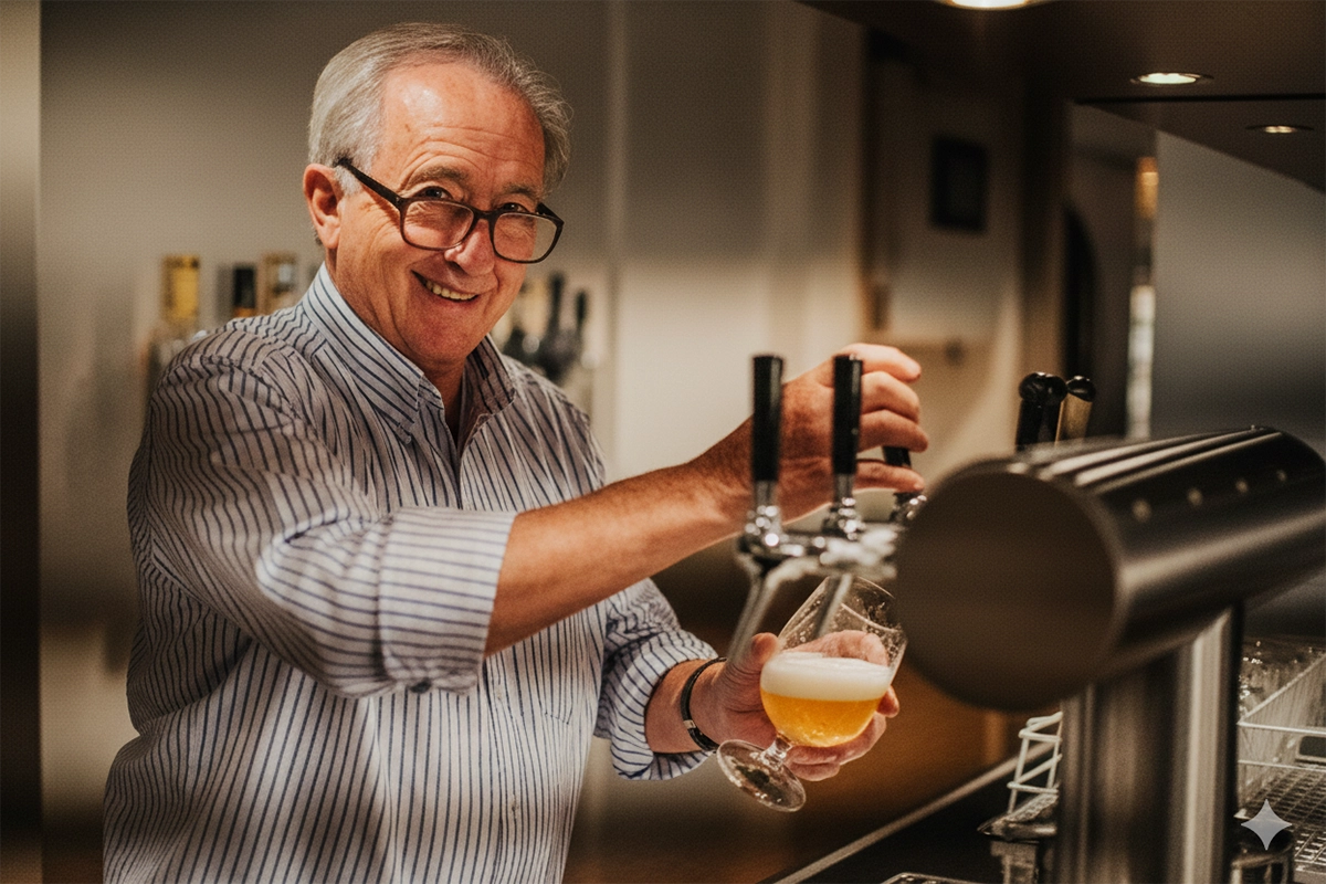 Älterer Mann zapft Bier an einem Tresen und lächelt dabei. Im Hintergrund sind weitere Getränke sichtbar.